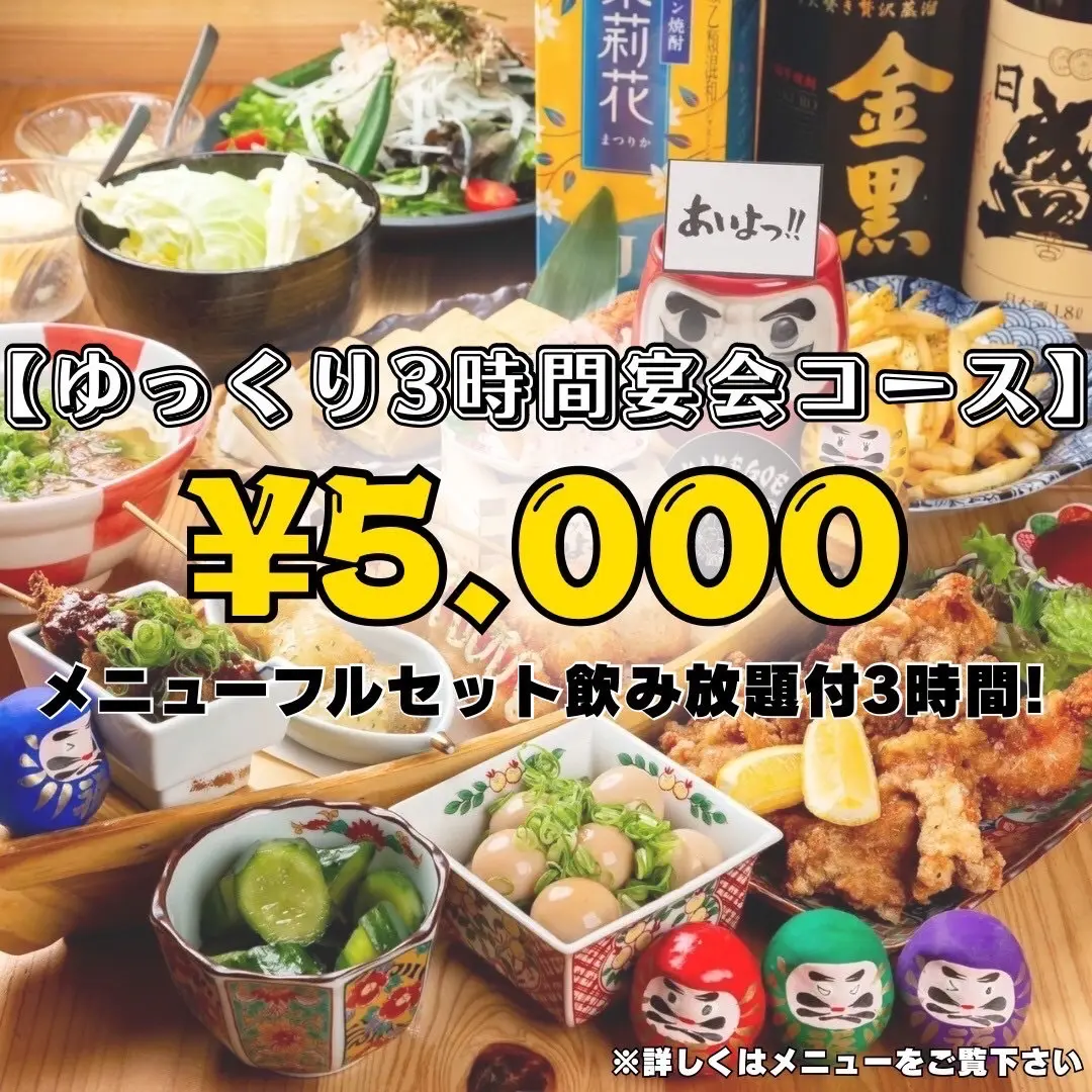 ゆっくり3時間宴会コースの全メニューを紹介する写真